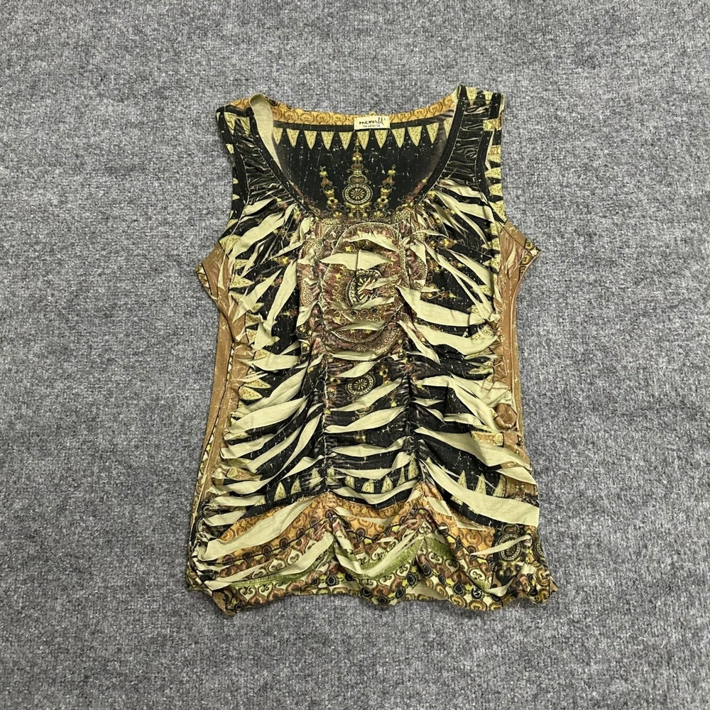 One World Tank Top Womens Size L Sage Green Boho Mandala Ruched Shredded USA